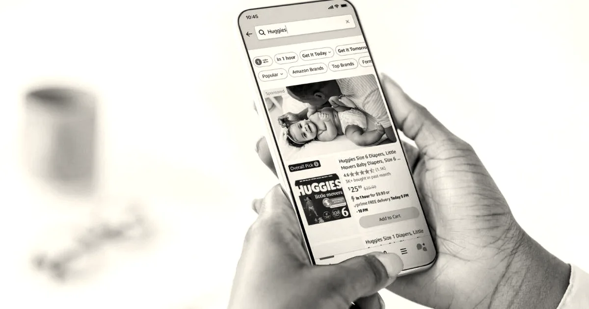 A person holding a smartphone displaying the Amazon shopping app with diaper search results.