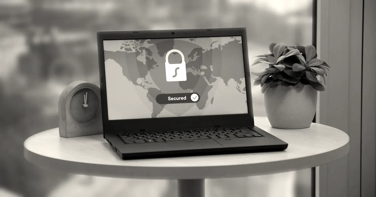 Laptop displaying a security lock icon on a table with a potted plant and clock.