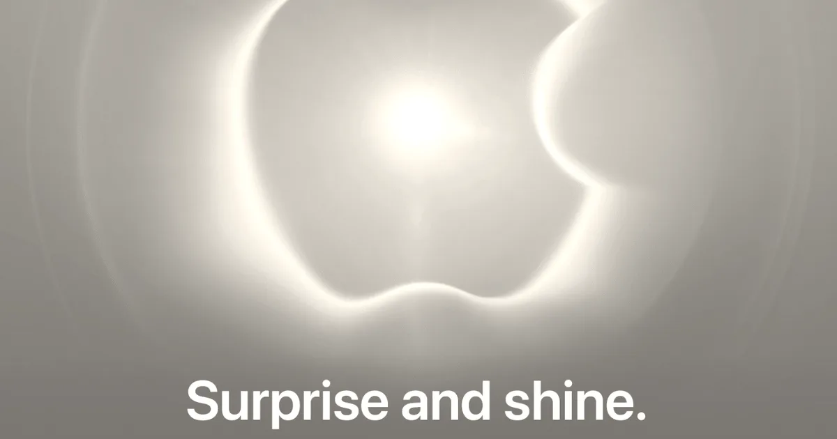 Glowing Apple logo set against a light blue backdrop with the text 'Surprise and shine.'