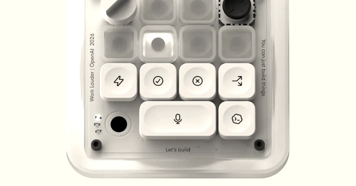 Close-up overhead shot of OpenAI's new white custom mechanical AI keypad with programmable macro keys and knob.