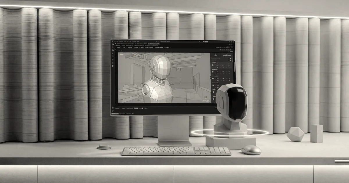 A computer screen displaying a 3D model of a robot bust alongside a robotic mannequin head on a desk.