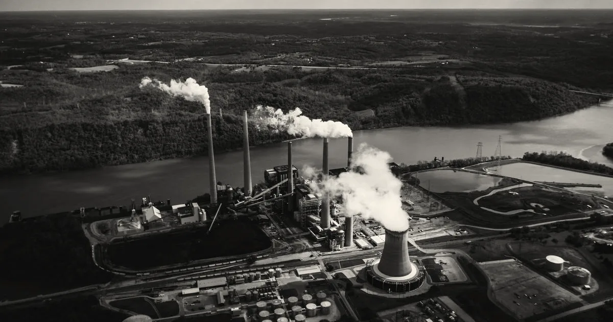 Aerial view of a large industrial power plant emitting smoke along a river and forest landscape.