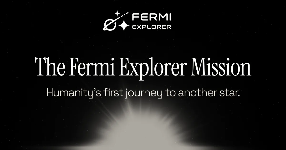 The Fermi Explorer mission branding text against a dark starry background with a bright light source.