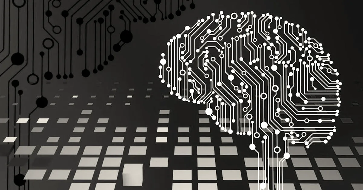 A glowing digital human brain constructed from white circuit board traces on a blue background.