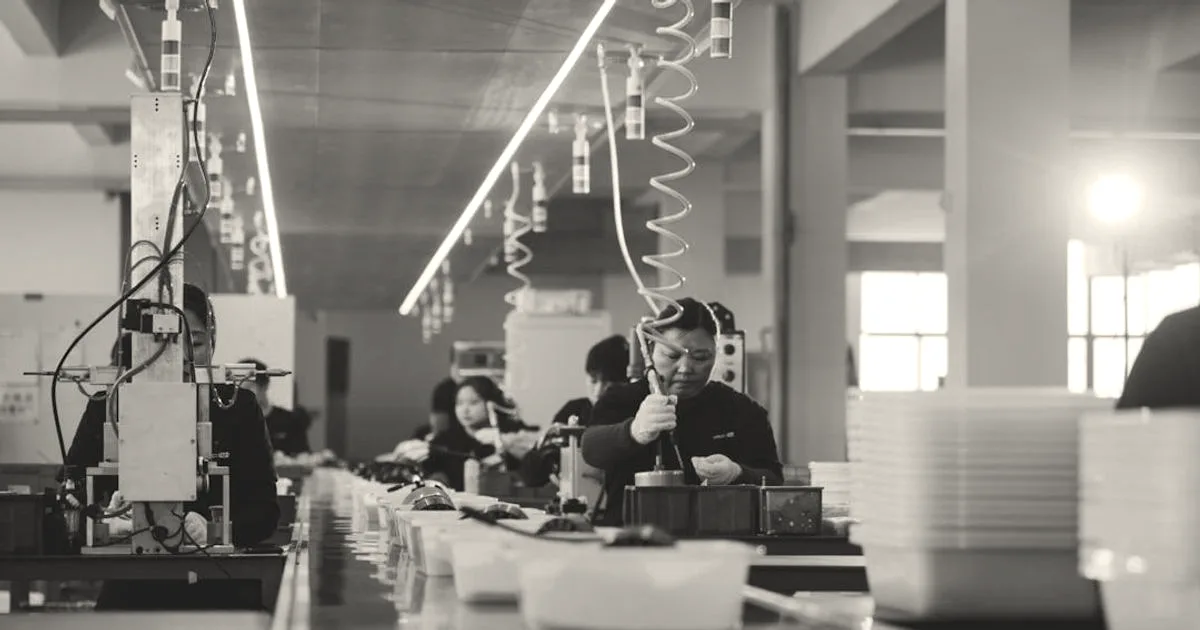 Assembly line workers in a manufacturing facility assembling electronic components on a conveyor belt.