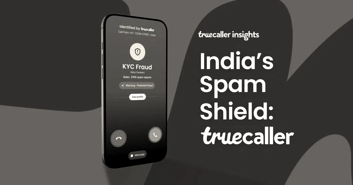 A smartphone displaying a Truecaller spam warning screen next to promotional text on a blue background.