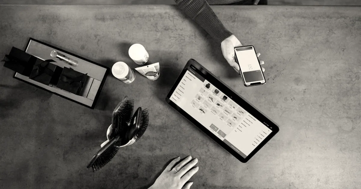 Overhead view of business consultation featuring smartphone payment and tablet product display. Modern salon or retail workspace with coffee cups and professional tools showcases contemporary customer experience.
