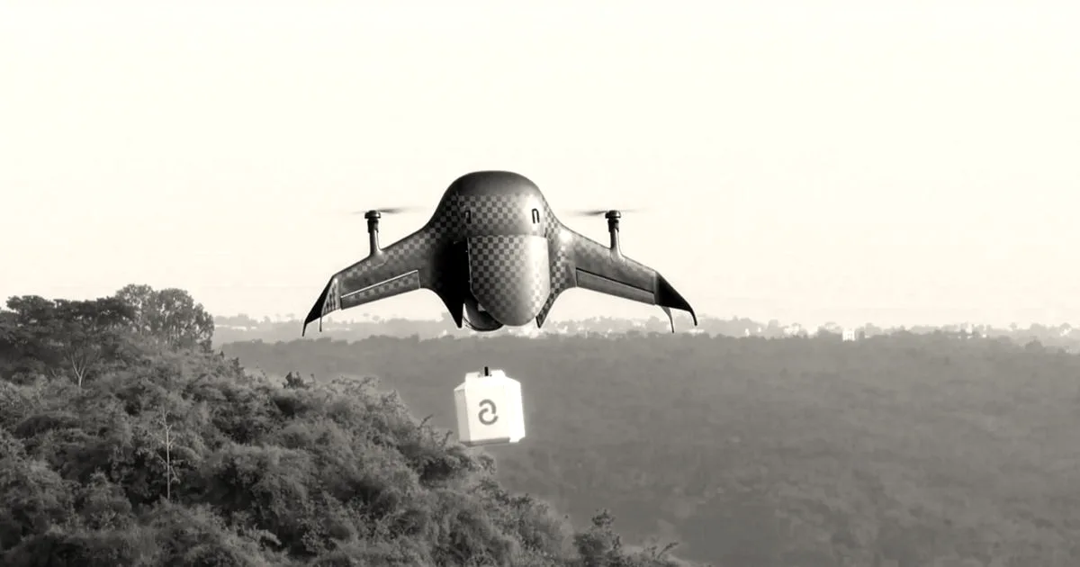 A futuristic delivery drone carrying a white cargo container in flight over a lush green landscape.