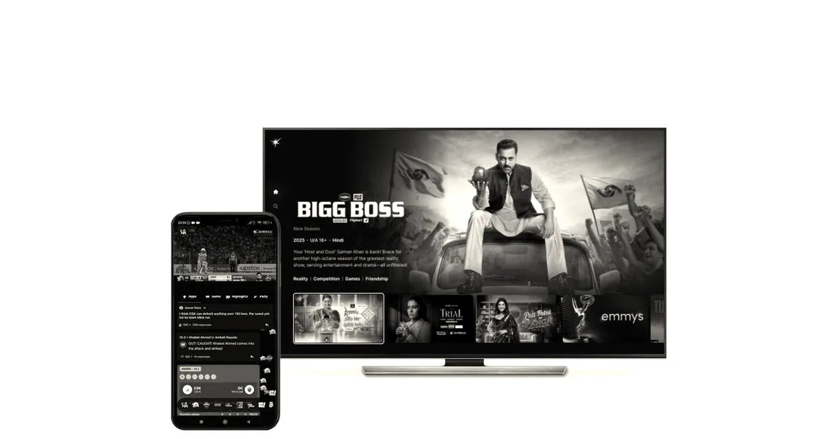 A television screen and smartphone displaying the JioHotstar interface featuring various shows and entertainment programs.
