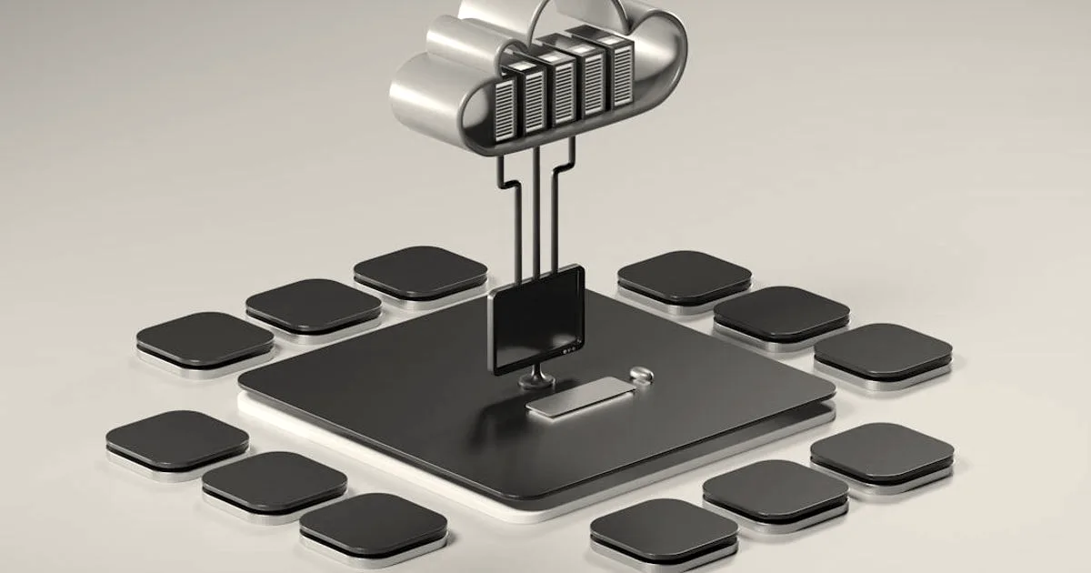A 3D rendering of a computer terminal connected to a cloud enclosure housing servers on a beige surface.