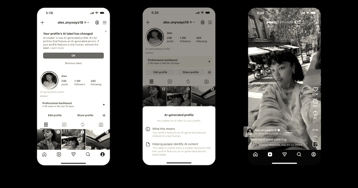 Three smartphone screens displaying Instagram interface updates for AI-generated profile labeling and warnings.