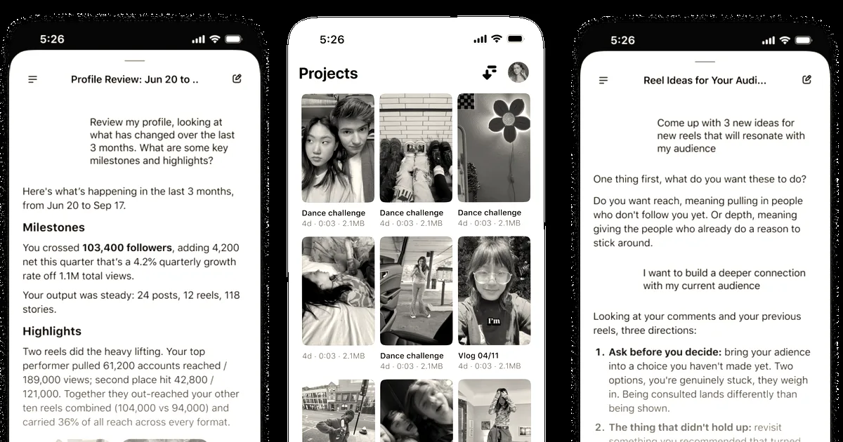 Three smartphone screens showing an Instagram AI assistant offering insights, projects, and reel ideas.