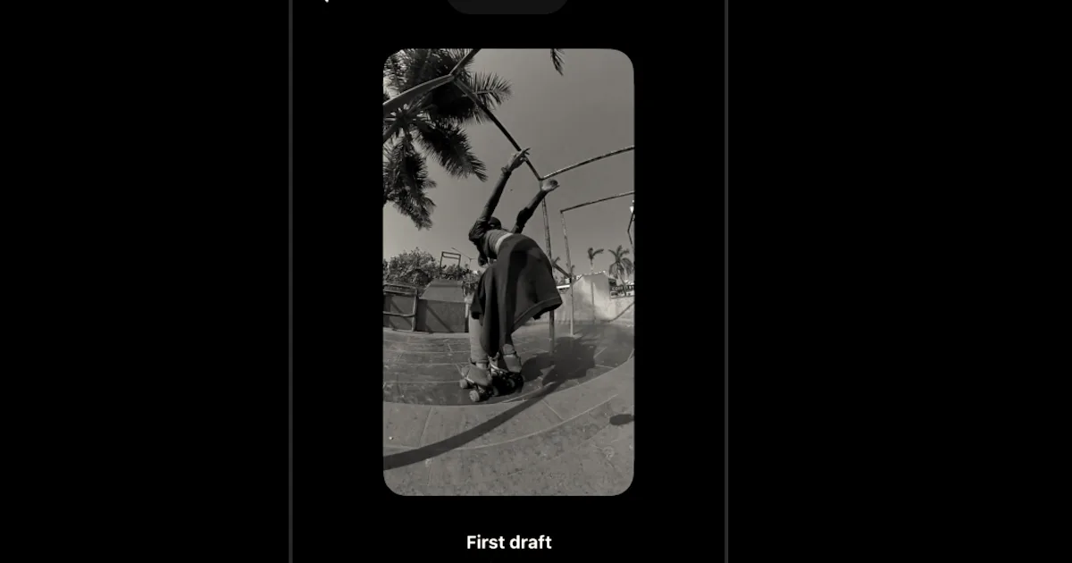 A smartphone interface showing Instagram's First Draft video editing feature with video clips and trim options.