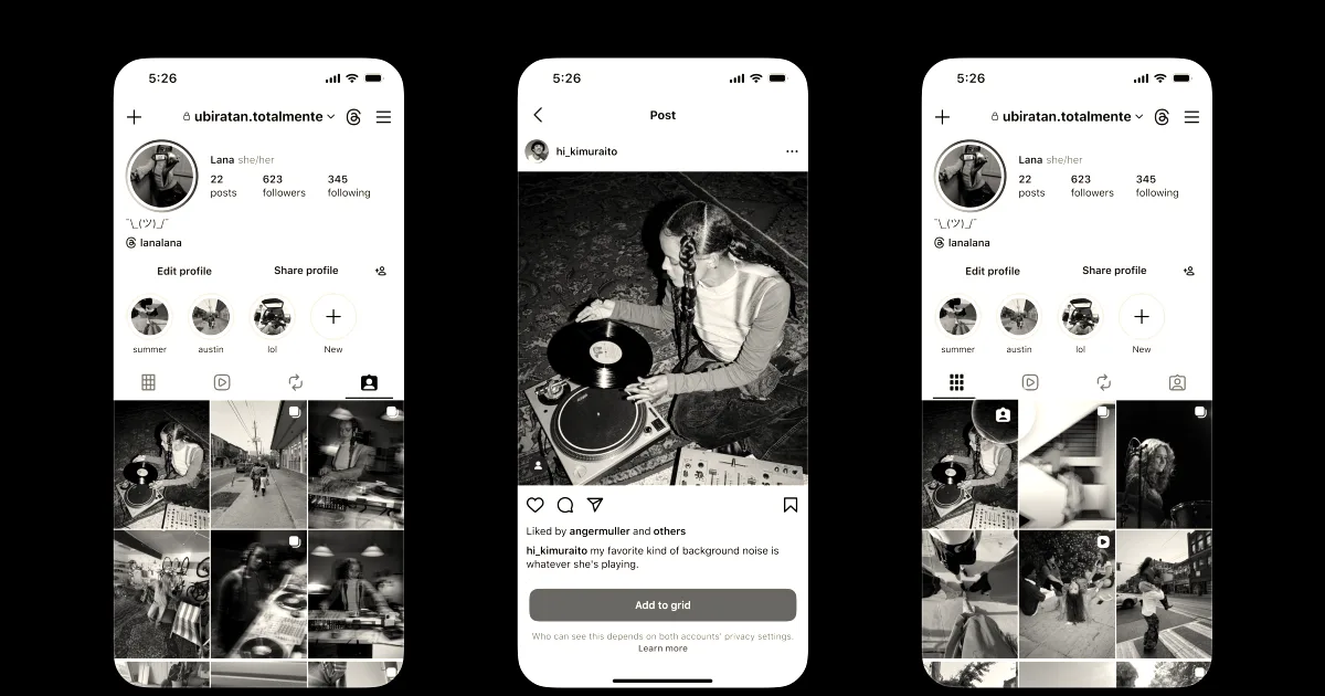 Three smartphone screens showing an Instagram interface allowing users to add tagged posts to their grid
