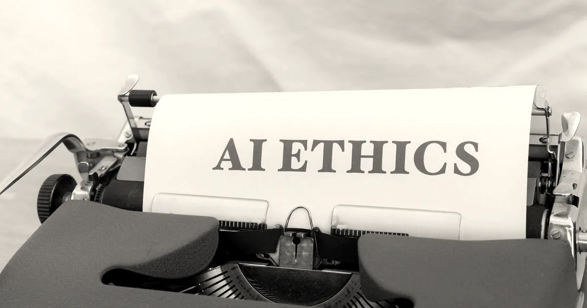 Close-up of vintage typewriter with 'AI ETHICS' typed on paper, emphasizing technology and responsibility.