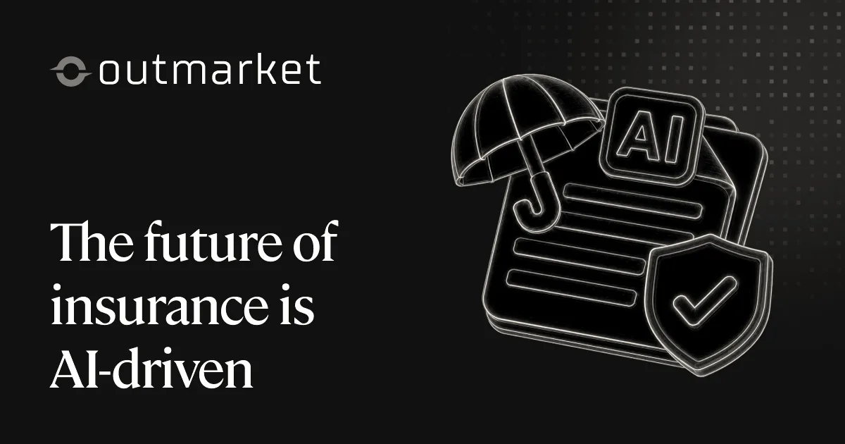 Graphic featuring the Outmarket logo and illuminated neon icons of an insurance policy document, umbrella, and shield.