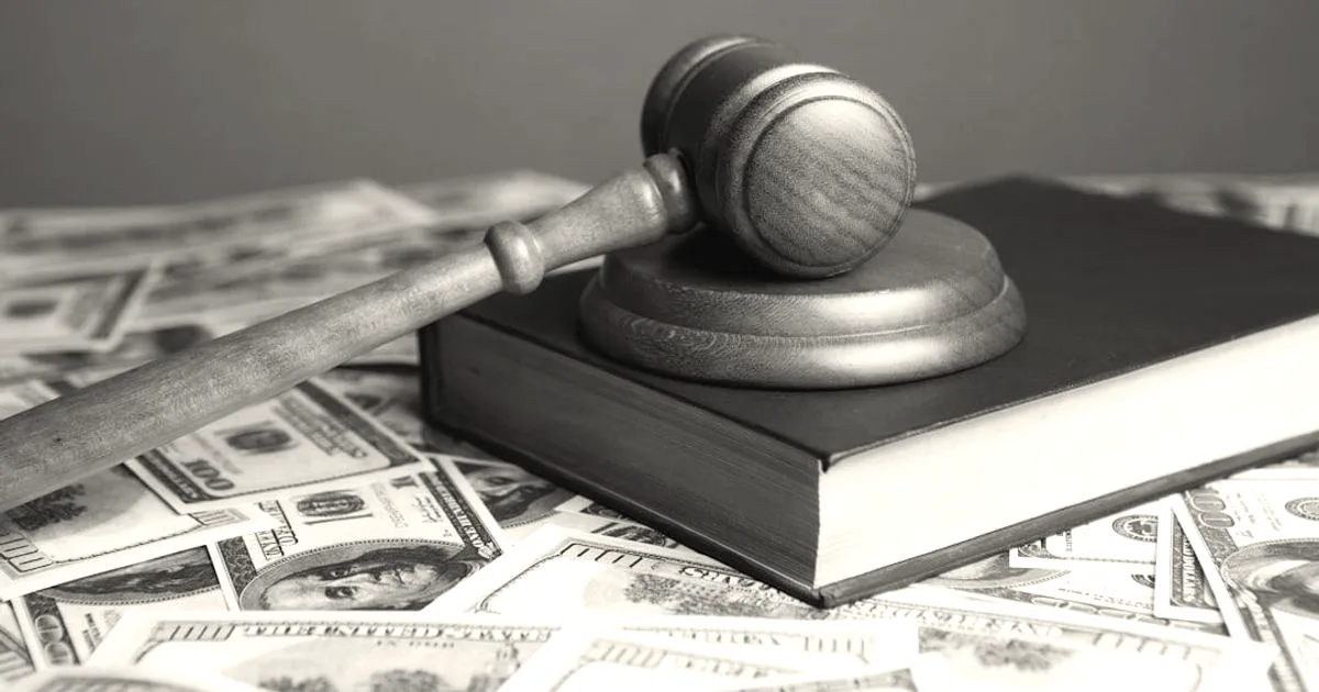 A wooden gavel resting on a green book surrounded by scattered hundred-dollar bills.
