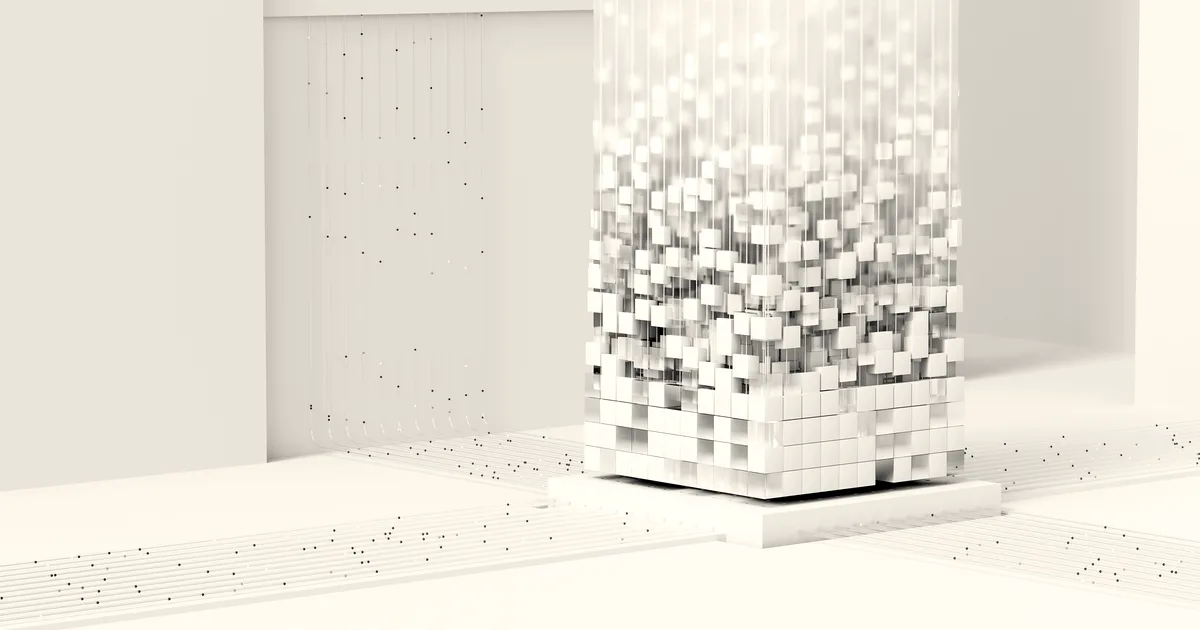 Abstract 3D architectural digital rendering of white and blue cubes representing artificial intelligence and data networks