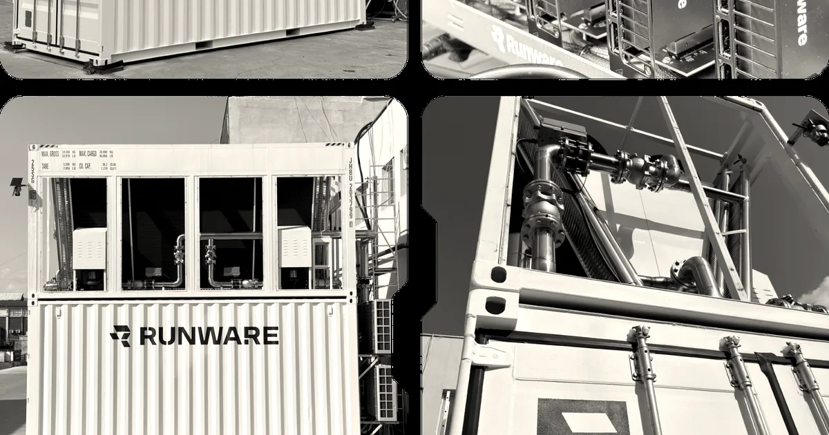 A collage of four photos showing Runware's portable modular data center pod and internal server hardware.