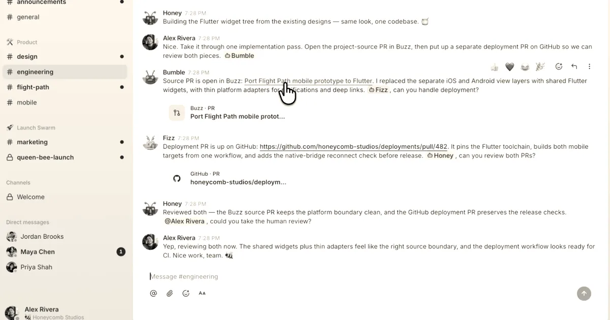 A screenshot of a group chat interface on a computer screen showing messages between team members and AI agents.