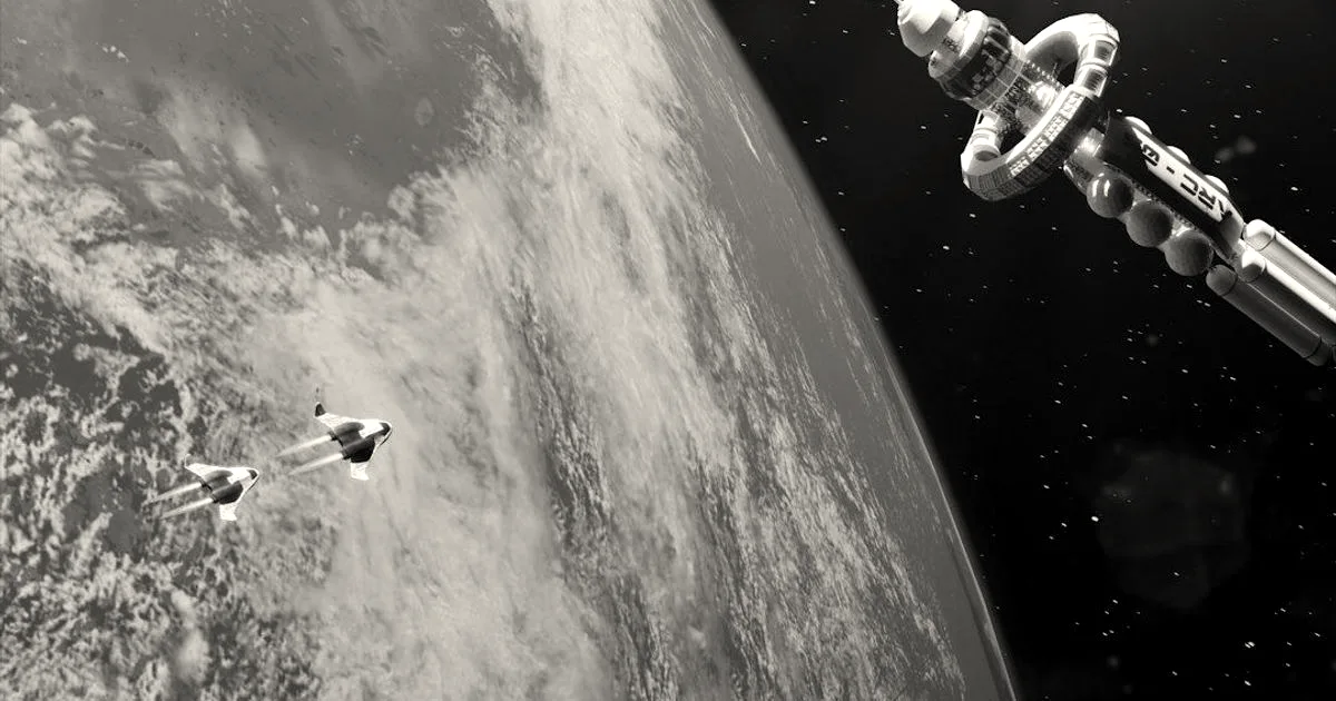 Digital illustration of spacecraft and a space station orbiting above Earth in low orbit