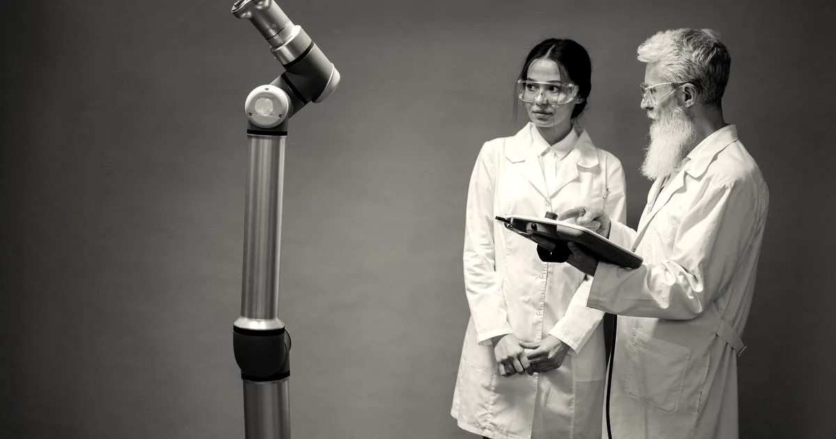 Two researchers in white lab coats and protective glasses examining a robotic arm in a laboratory.