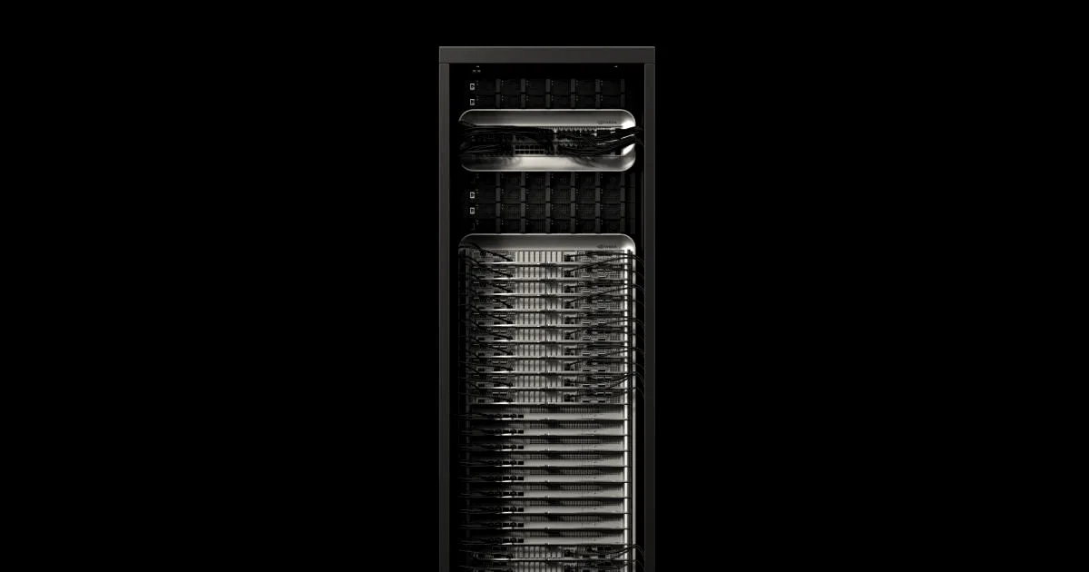 An Nvidia GB200 NVL72 AI server rack system standing against a dark black background.