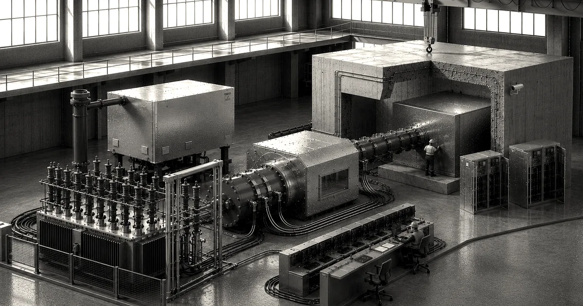An industrial facility rendering depicting engineers working on a specialized fusion power test plant device.