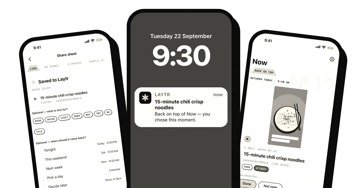 Three smartphones displaying screenshots and notifications from the Laytr save-for-later application interface.