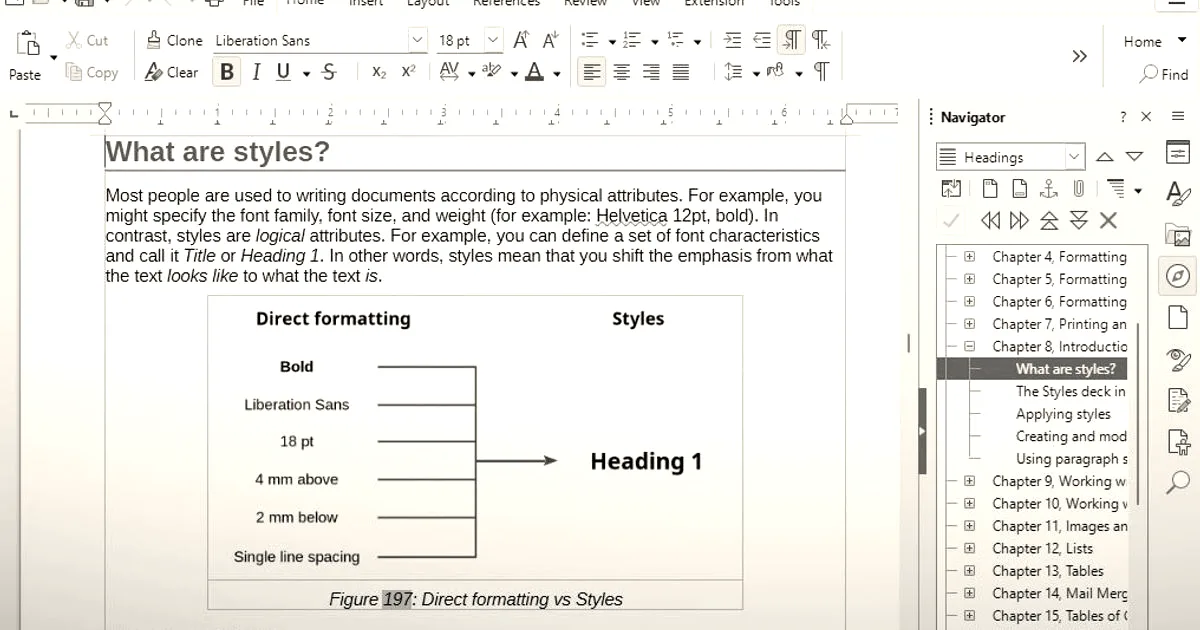 Screenshot of LibreOffice Writer word processing software displaying a document about styles and direct formatting