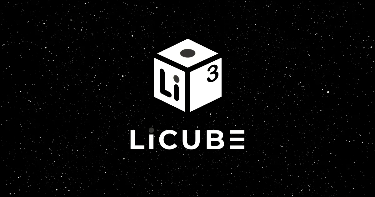 Logo of LiCUBE featuring a white cube with atomic lithium symbols against a dark starry background.