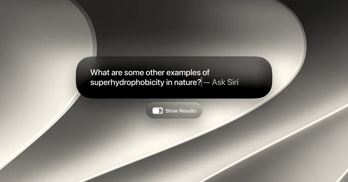 A macOS desktop featuring a sleek Siri query interface asking a question about superhydrophobicity.