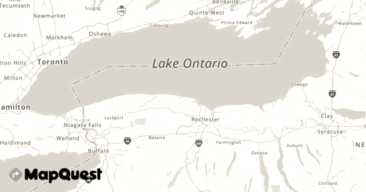 A digital map from MapQuest showing Lake Ontario bordered by New York and Ontario.