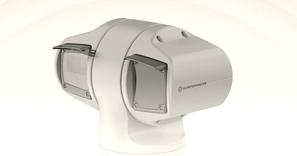 A white maritime sensor unit featuring two dual camera housings with small sun visors against a light background.