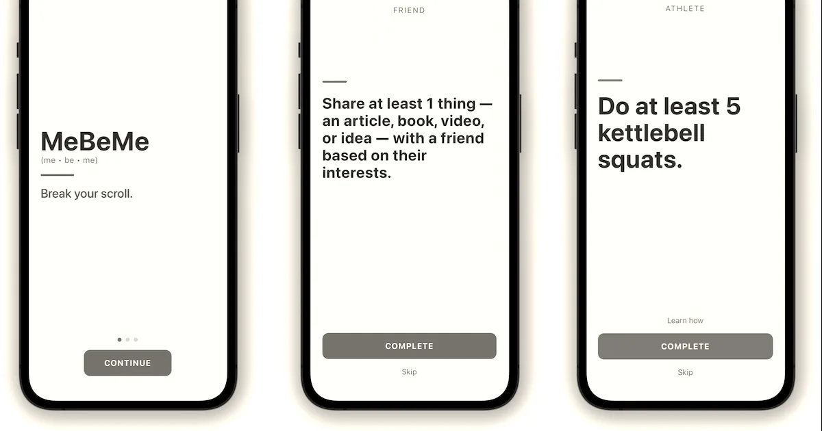 Three smartphones side-by-side displaying the MeBeMe app interface with minimalist typography and red accent elements.