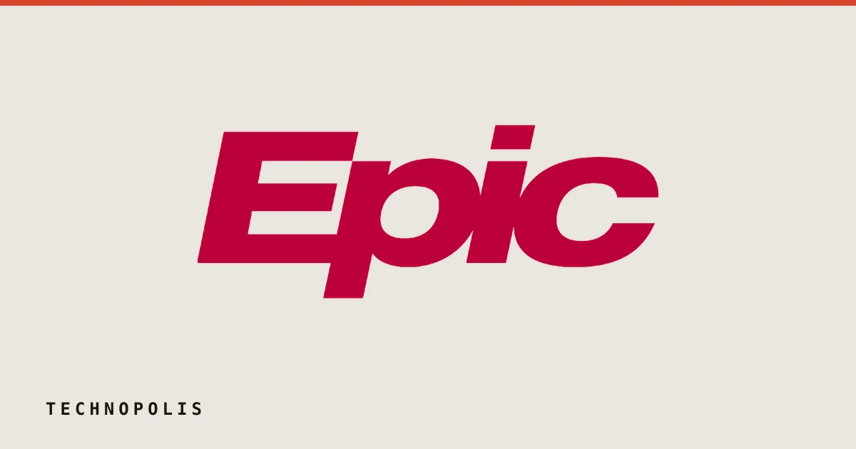 Red text logo for Epic, an electronic health records software company.