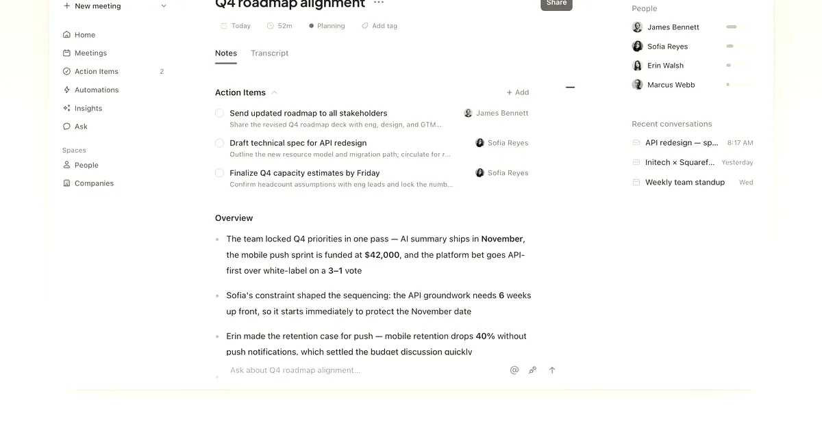 A software interface displaying Q4 roadmap alignment meeting notes, action items, and participants.