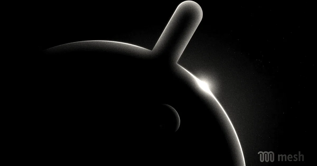 Stylized Android robot silhouette against a dark space background with the Mesh logo in the corner.