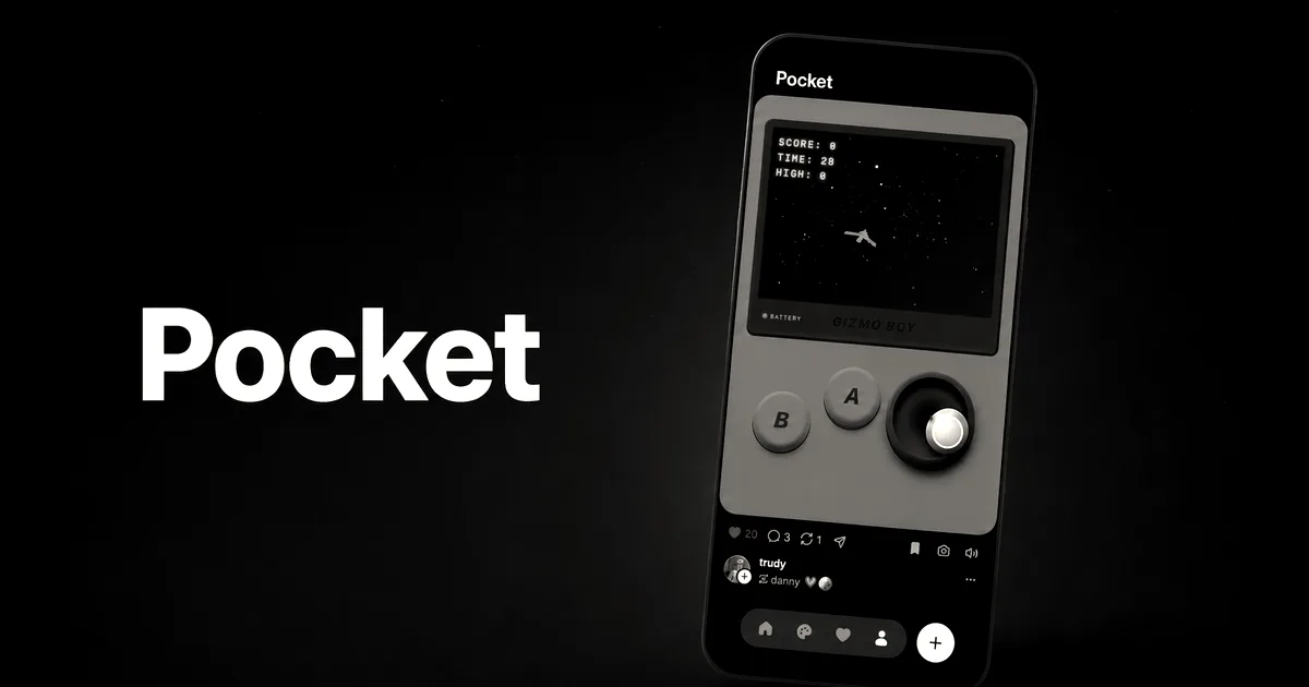 A smartphone showing the purple Pocket retro gaming interface beside the Pocket logo on a dark background.