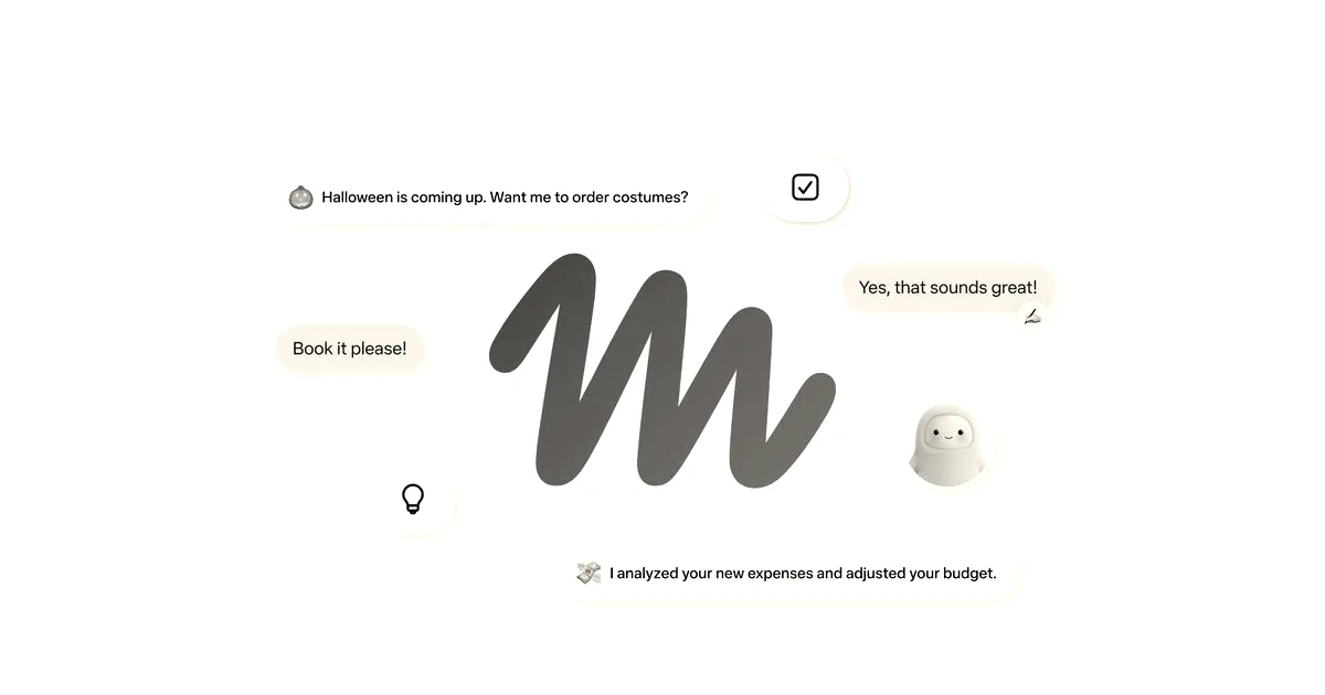 Illustration featuring a stylized blue M logo surrounded by conversational text bubbles and AI prompt ideas.