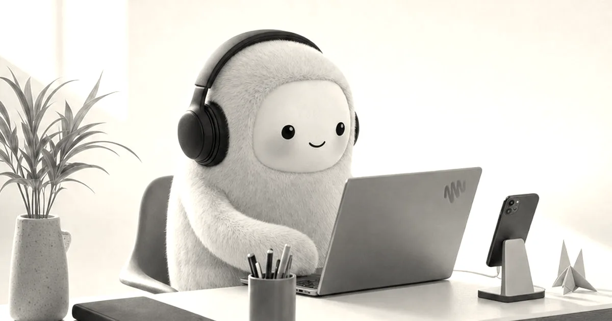 Cute fuzzy animated mascot wearing headphones while sitting at a desk typing on a laptop.