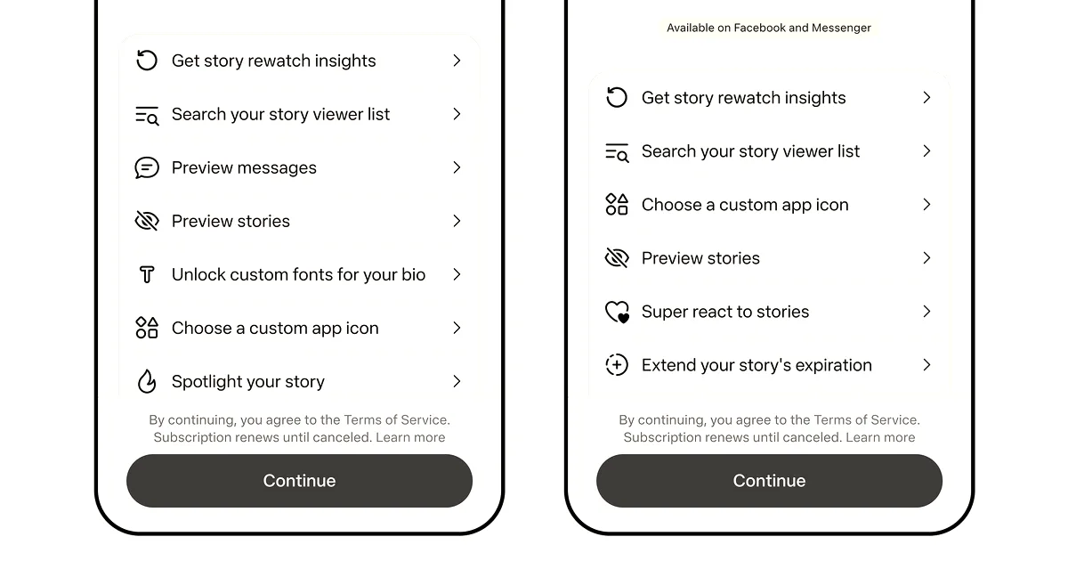 Two mobile phone screen mockups showing subscription plans for Instagram Plus and Facebook Plus.
