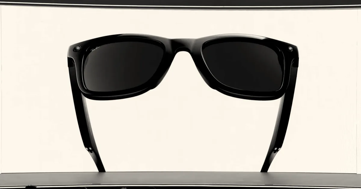 Close-up of black camera-free smart glasses viewed from below on a display stand.