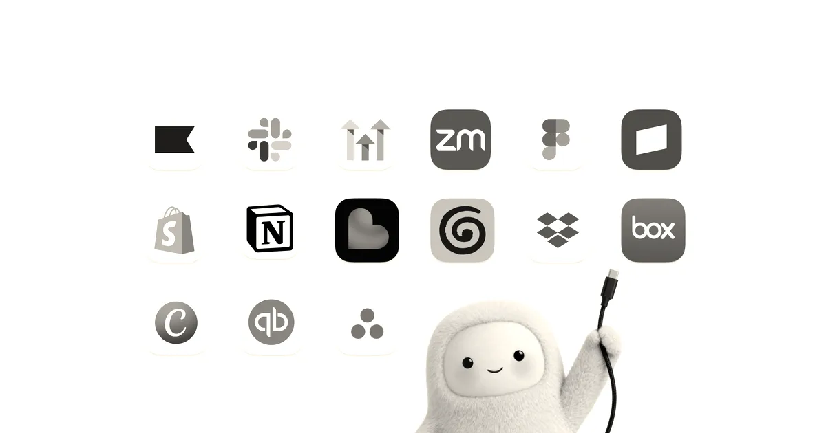 Animated mascot holding a cable next to various app integration icons against a white background.