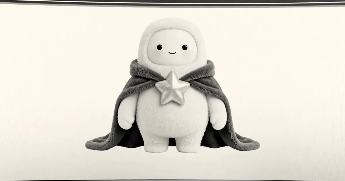 A cute plush animated character wearing a purple cape with a golden star clasp.