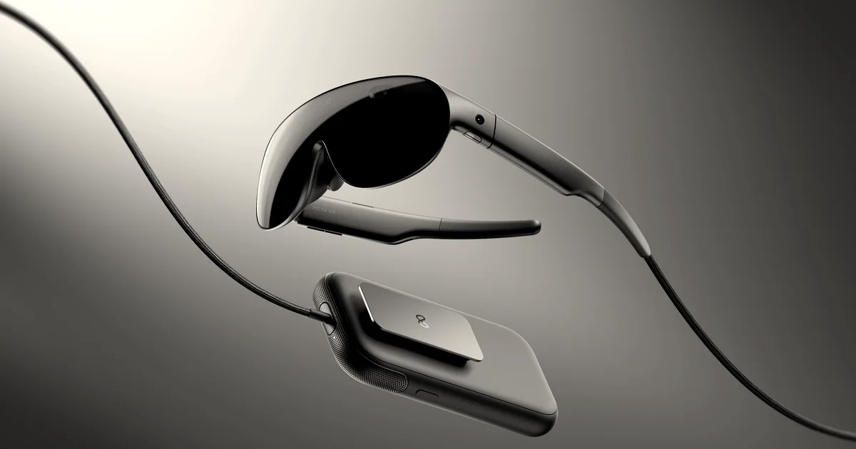 Sleek dark Meta VR smart glasses floating above a compact pocket pack controller on a gradient background.