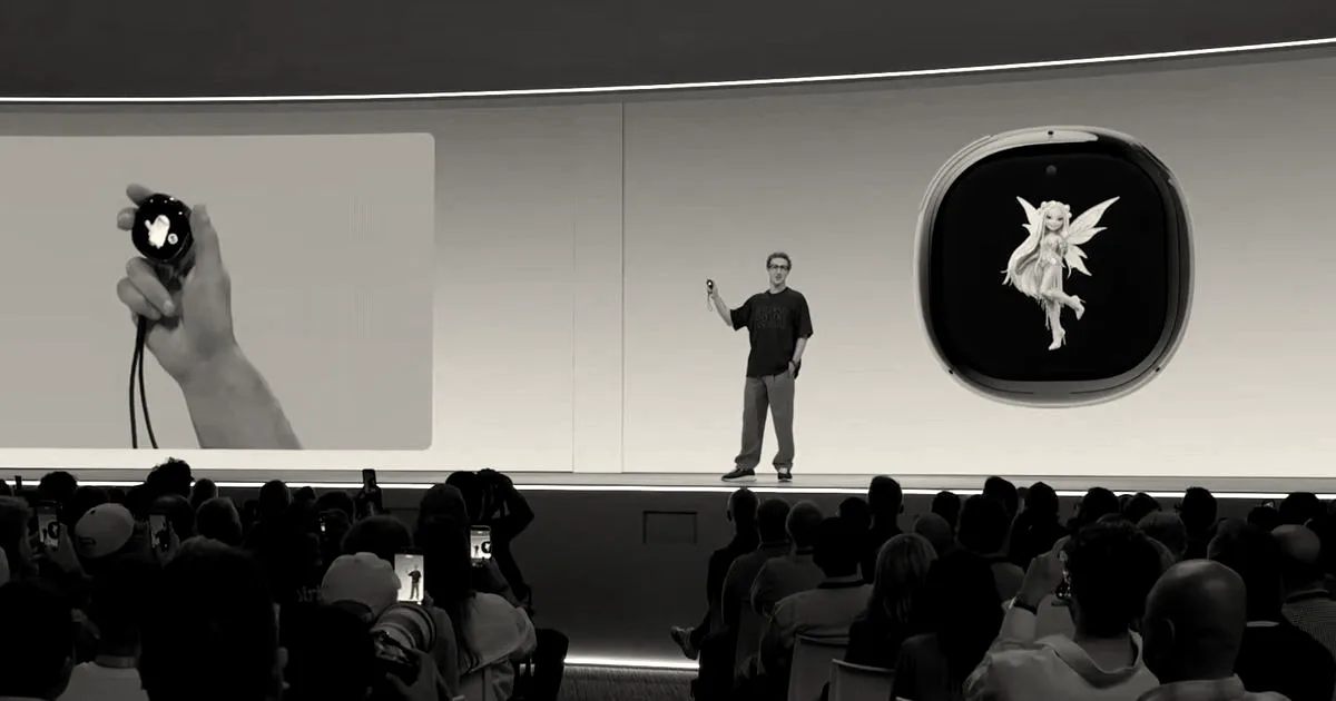 Mark Zuckerberg presenting the circular Meta Muse Charm device on stage at an event