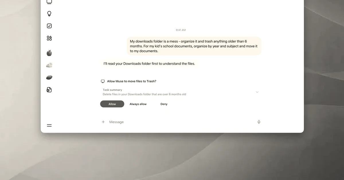 A Mac desktop screen showing the Muse application window asking for permission to organize and trash files.