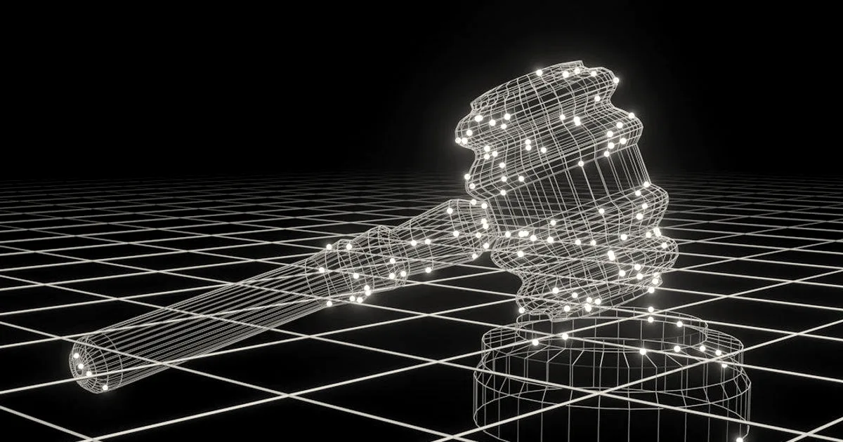 A glowing digital wireframe rendering of a judge's gavel against a dark grid background.