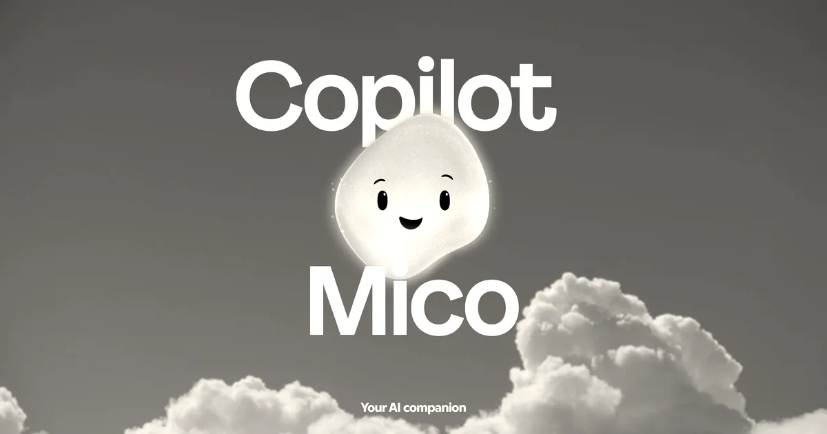 A glowing warm character face named Mico surrounded by clouds and Copilot branding against a blue sky.